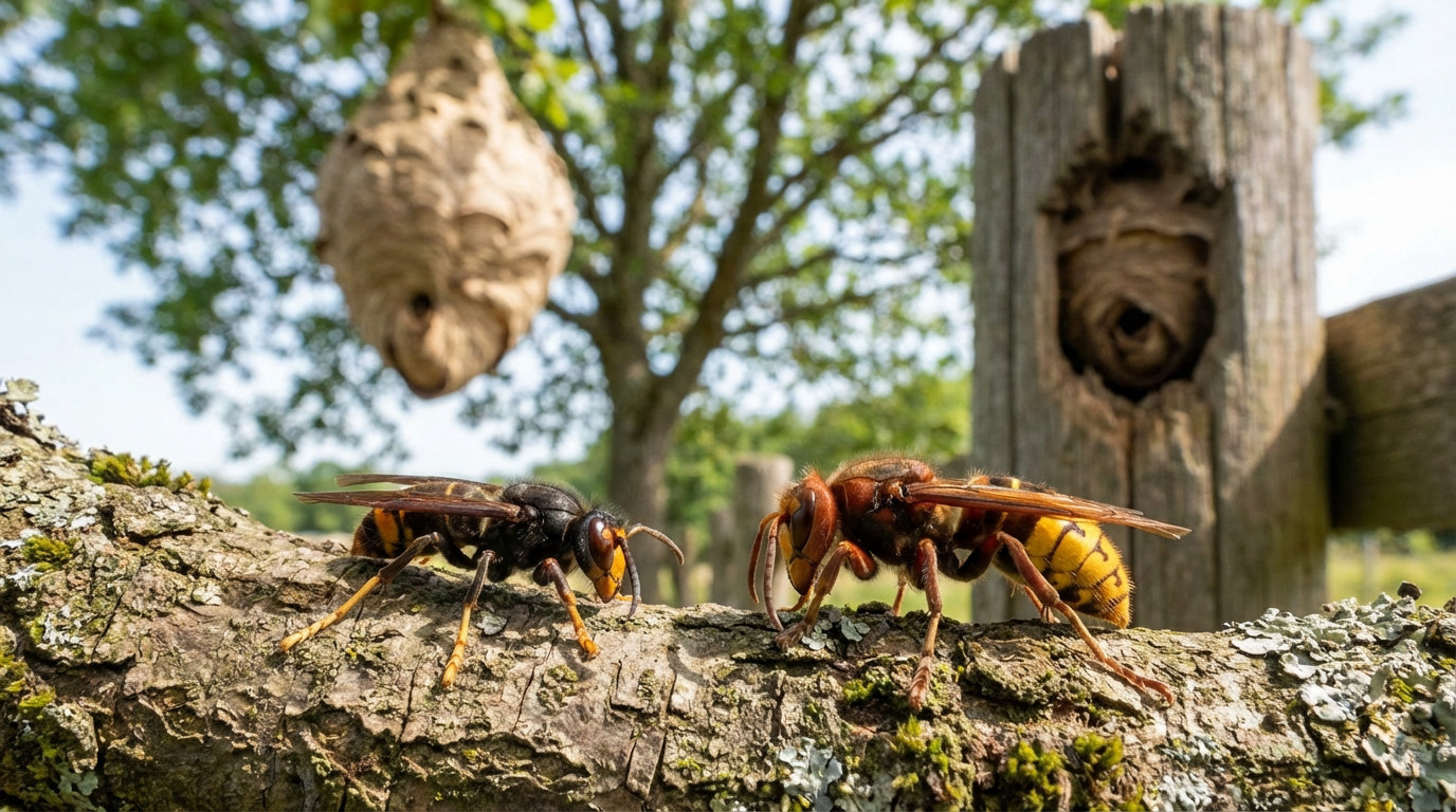 Detailed image comparing an Asian hornet (left) and European hornet (right) on a branch, with their distinct nests blurred in the background.