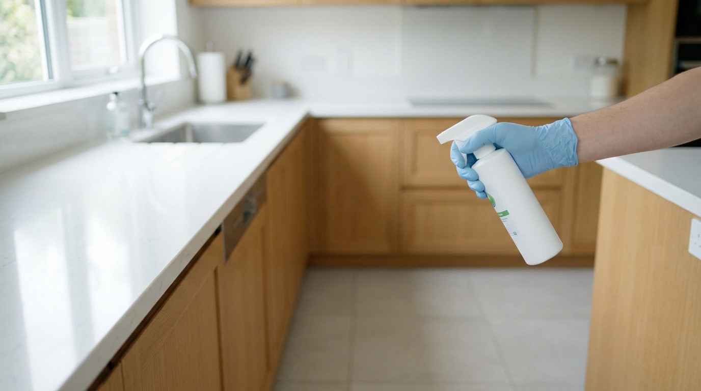 A blue-gloved hand holds a white spray bottle in a bright, modern kitchen with white counters and wood cabinets.