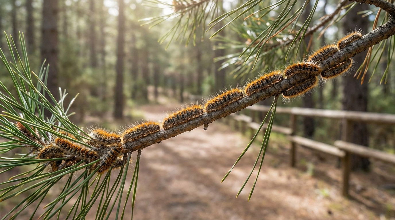 Distinct hairy orange-brown processionary caterpillars in a line on a vibrant pine branch, sunlit forest path blurred behind.