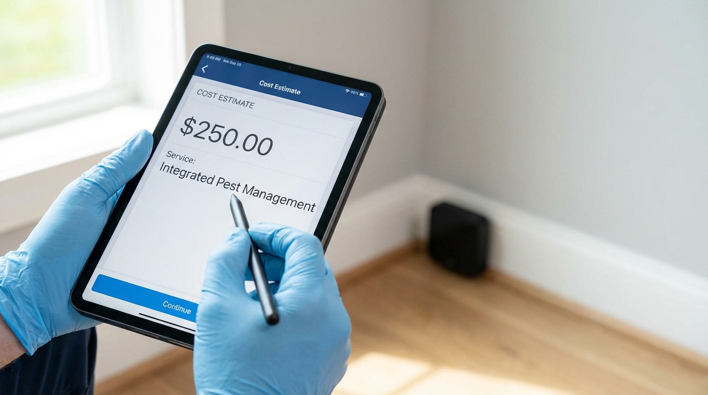 Gloved hand holds tablet showing a $250 pest management quote. A discreet black pest control device is in the background.