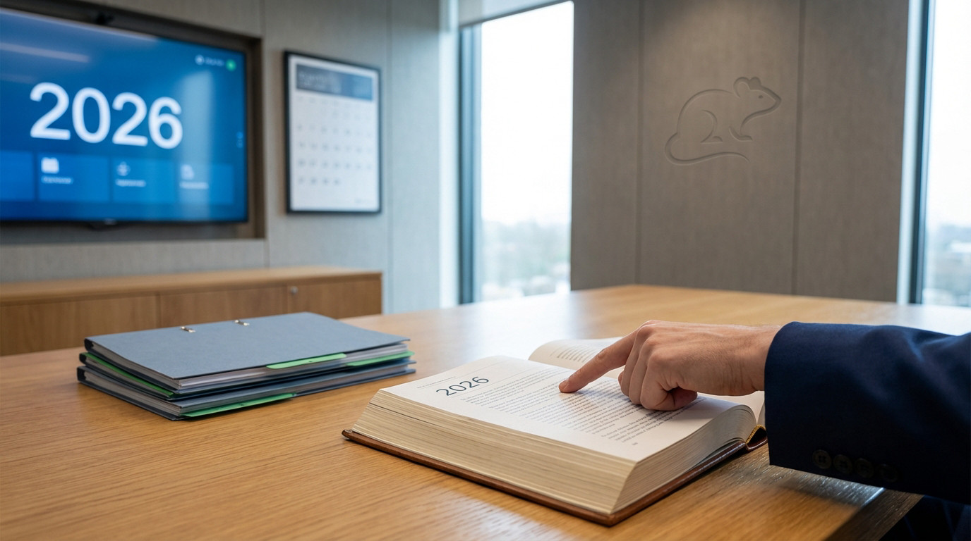 Professional office: hand points to '2026' in a legal book. Background screen shows '2026', with a subtle rat silhouette on the wall.