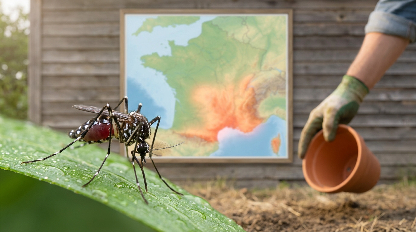 Tiger mosquito on leaf, blurred France map with hot zones. Hand tips pot, symbolizing prevention. Clear, natural light.