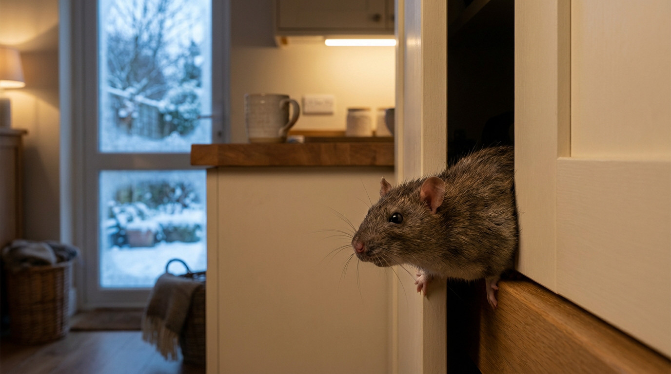 A common rat peeks from a kitchen cabinet into a warm room, a snowy winter landscape visible through a distant window.