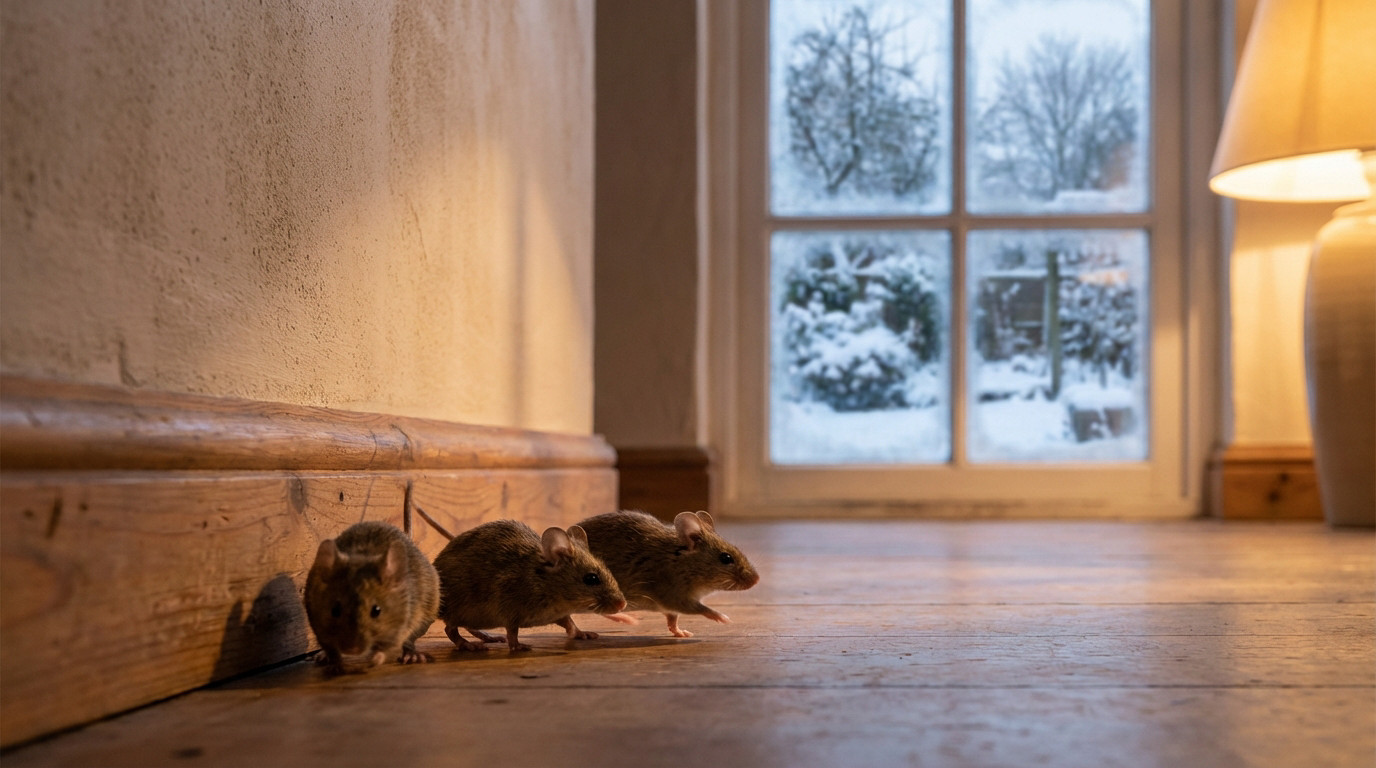 Three brown house mice scurry along a wooden baseboard in a warm room. A frosty window shows a snowy outdoor winter scene.
