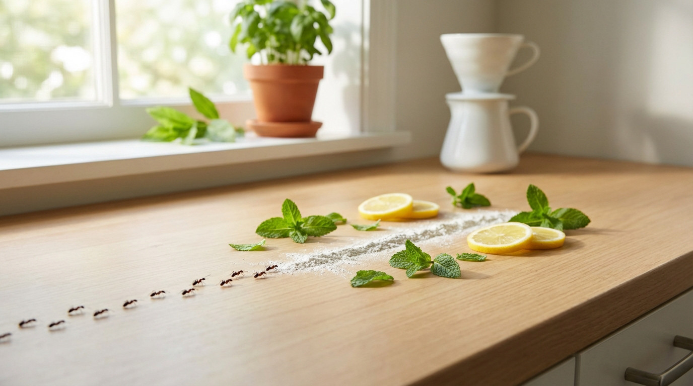 Fourmis sur un comptoir de cuisine en bois clair, s'approchant d'une barrière de poudre, avec citrons et menthe fraîche.