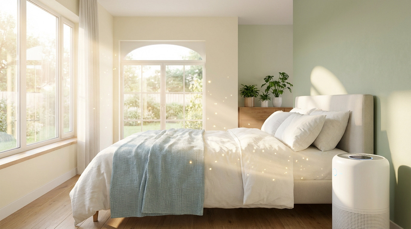 Chambre lumineuse avec purificateur d'air, lumière du soleil révélant des particules de poussière flottant au-dessus d'un lit blanc.