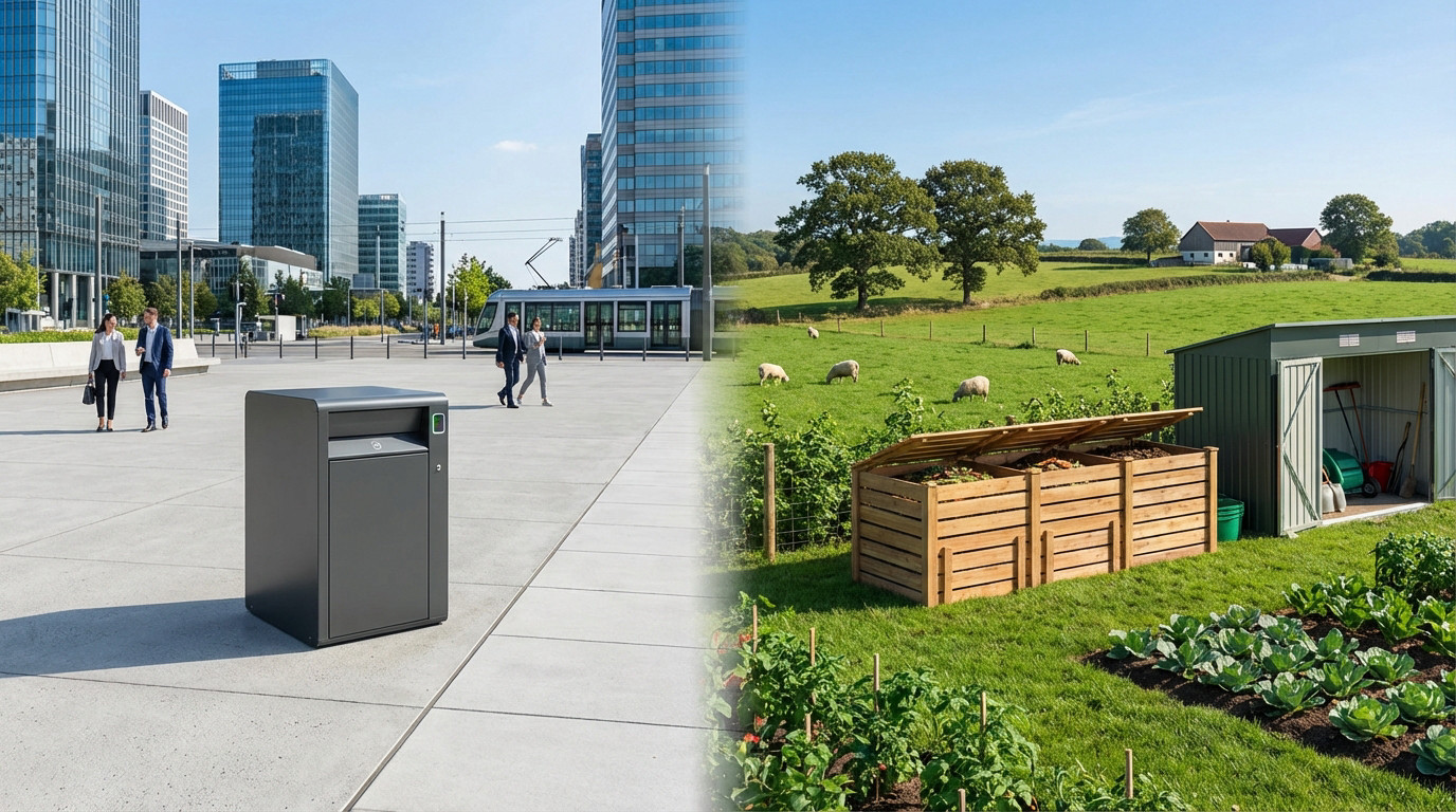 Image divisée montrant une ville moderne à gauche avec immeubles et poubelle intelligente, et une campagne à droite avec moutons, ferme et bacs à compost.