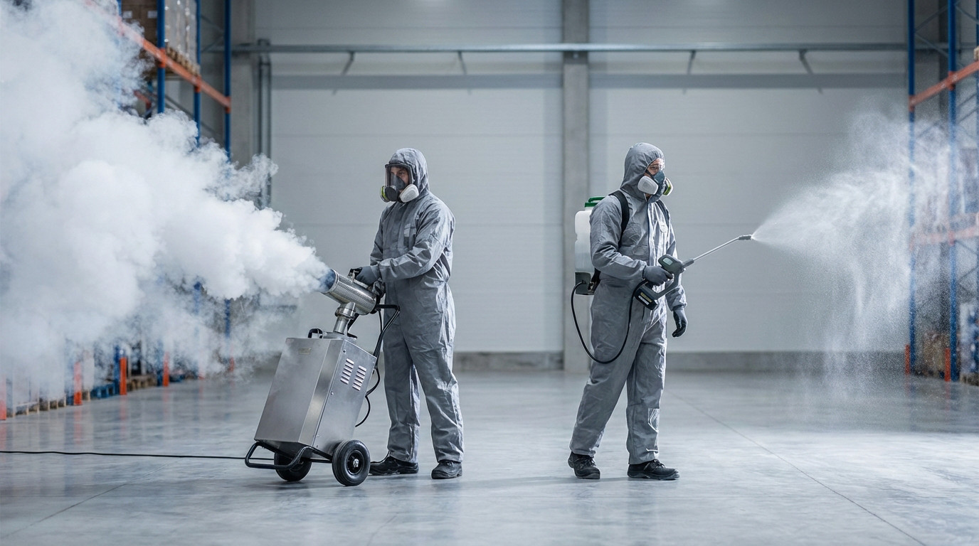 Deux techniciens en EPI démontrent fumigation (générateur de brouillard) et nébulisation (pulvérisateur dorsal) dans un entrepôt.