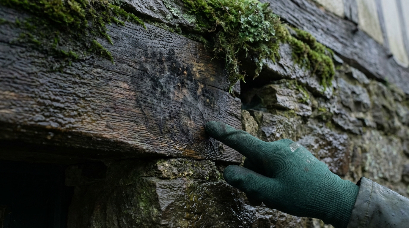 Une main gantée pointe du doigt une vieille poutre en bois humide et sombre, couverte de mousse et de moisissures, incrustée dans un mur de pierre moussus.