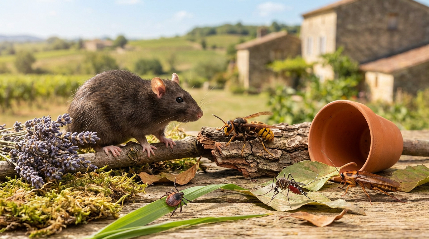 Plusieurs nuisibles, dont un rat, un frelon, une tique, un moustique et un cafard, sur une surface en bois avec un arrière-plan rural français.