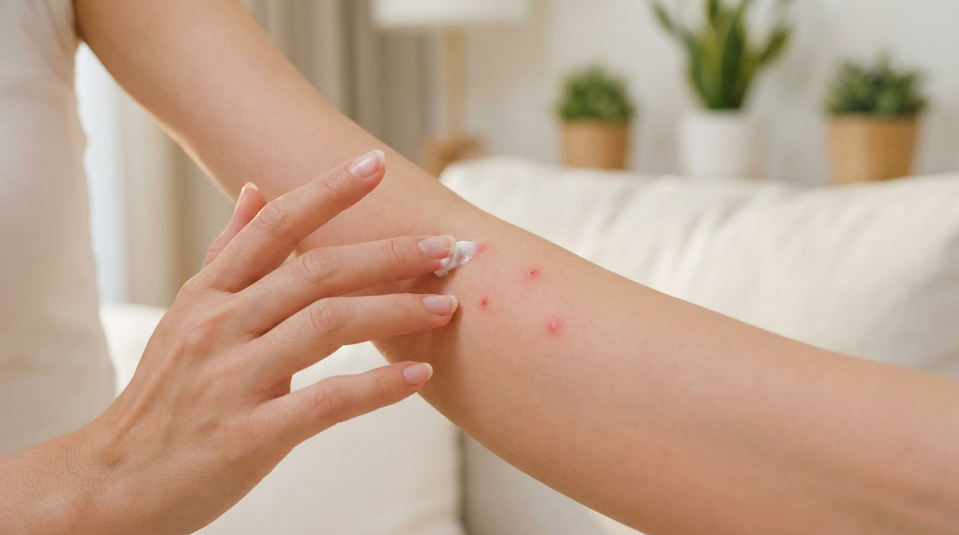 Une personne applique une crème apaisante sur des piqûres rouges situées sur son avant-bras.
