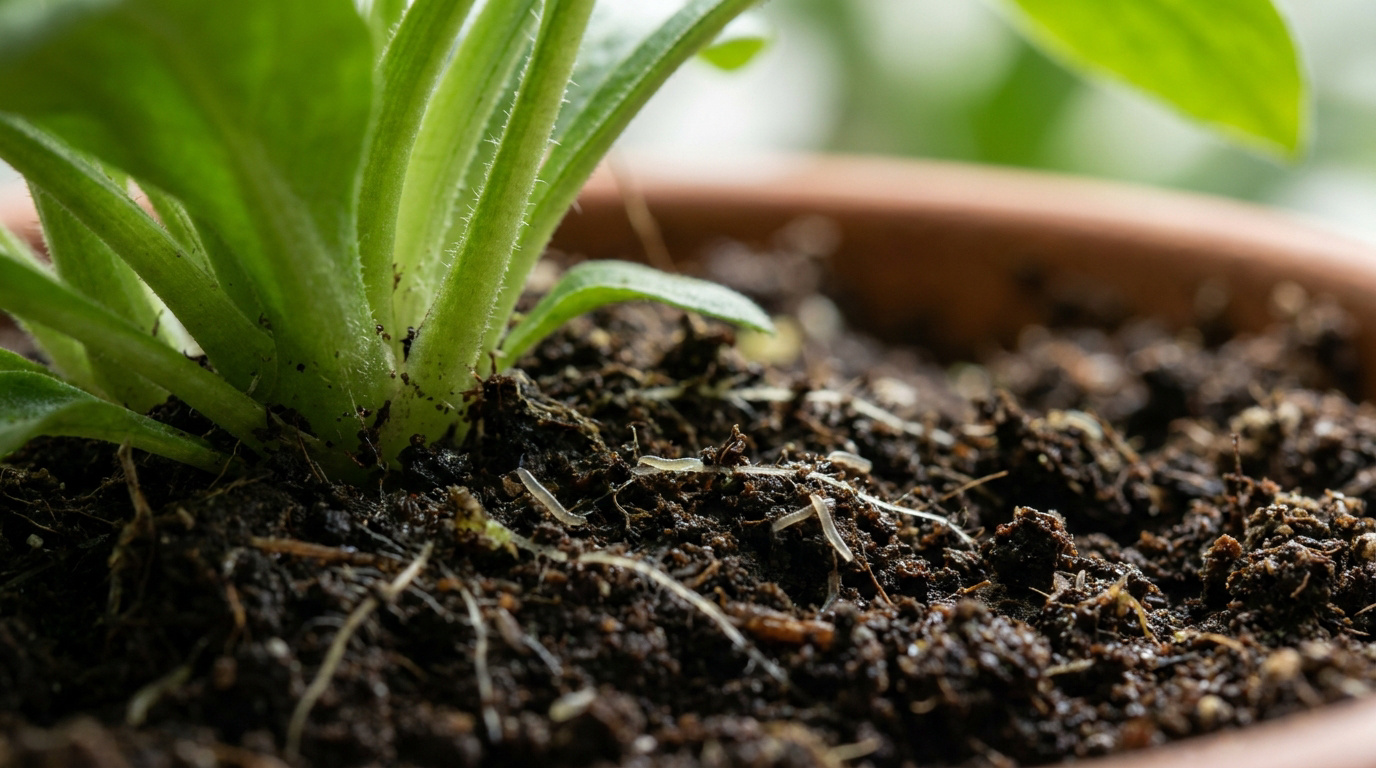 Larves blanches de moucherons visibles à la surface d'un terreau humide au pied d'une plante verte en pot.