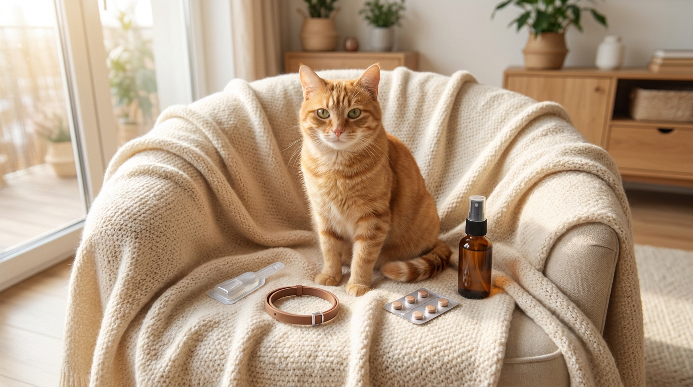 Un chat roux assis sur un fauteuil avec une pipette, un collier, un spray et des comprimés anti-puces à ses côtés.