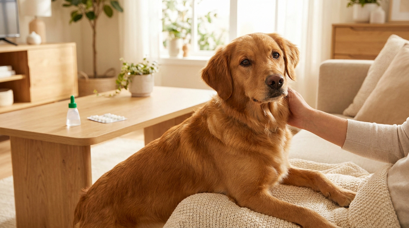 Un golden retriever assis sur un canapé, caressé par son propriétaire avec des produits anti-puces sur la table basse.