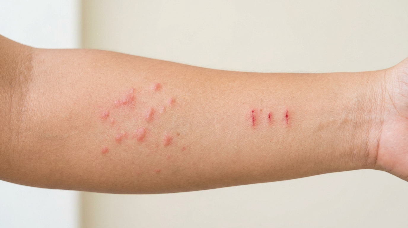 Avant-bras présentant une zone de boutons rouges regroupés et quelques petites égratignures linéaires.