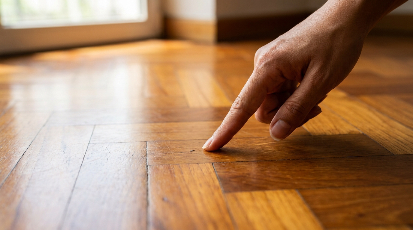 Une main pointe un petit insecte sur un sol en parquet verni.