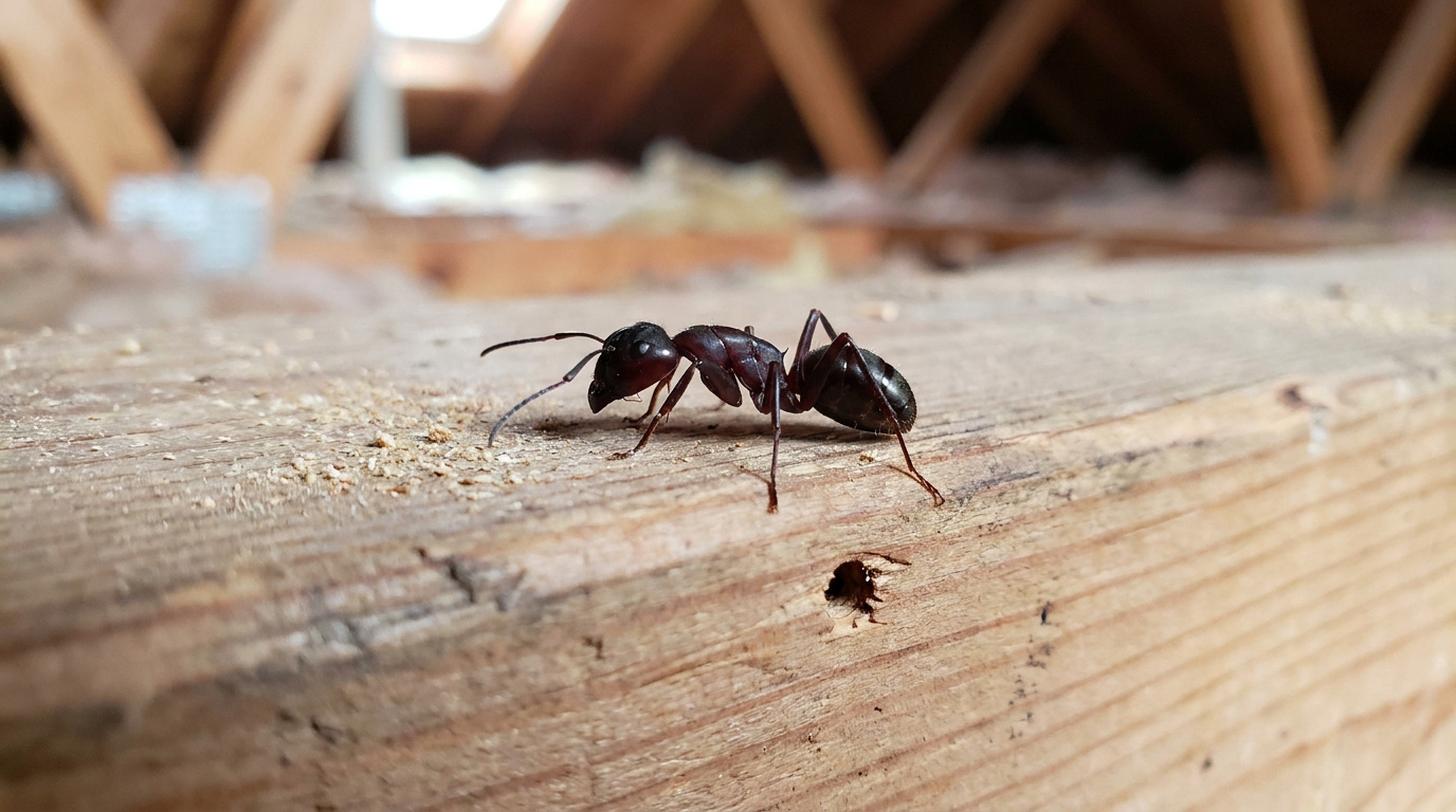 Une fourmi charpentière noire se déplace sur une poutre en bois dans un grenier, près d'un petit trou de forage.