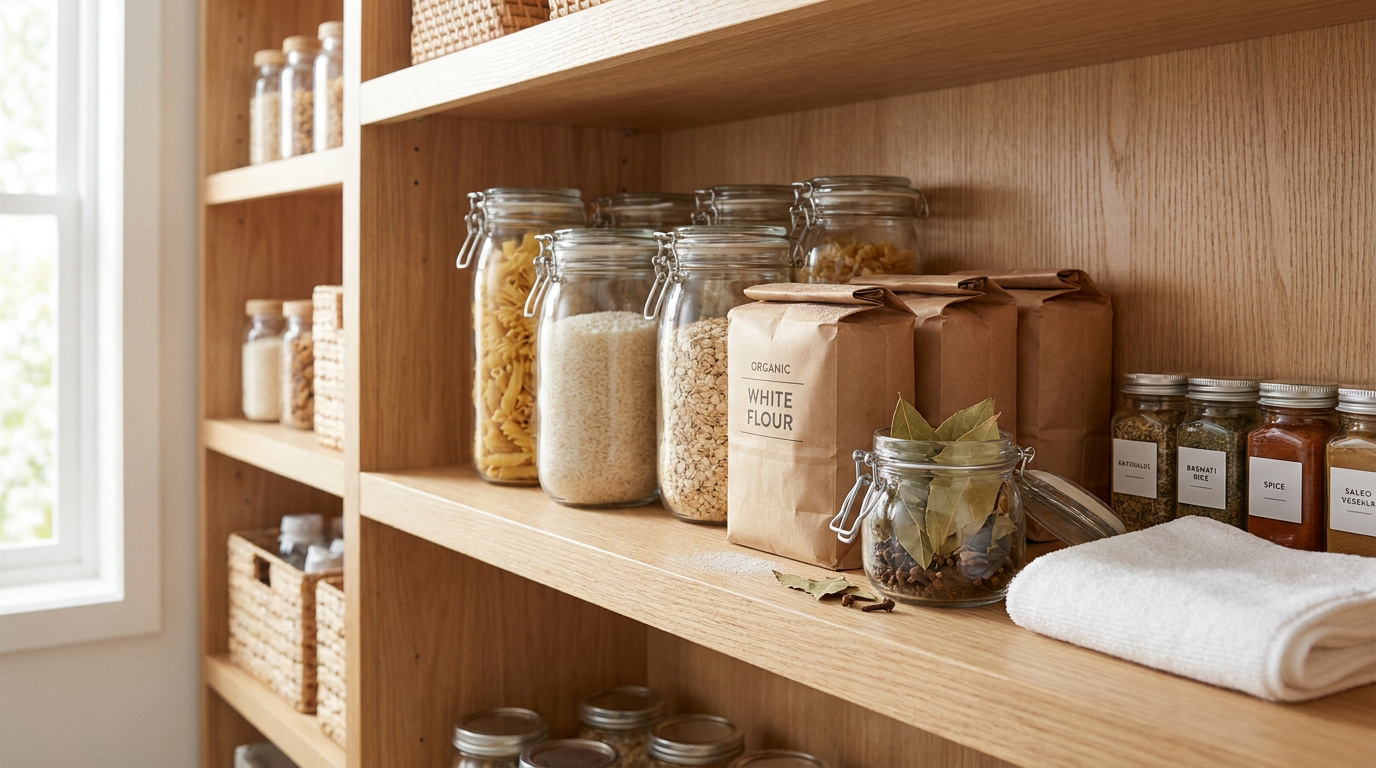 Étagères de garde-manger en bois organisées avec des bocaux en verre et des sachets en papier contenant des aliments.