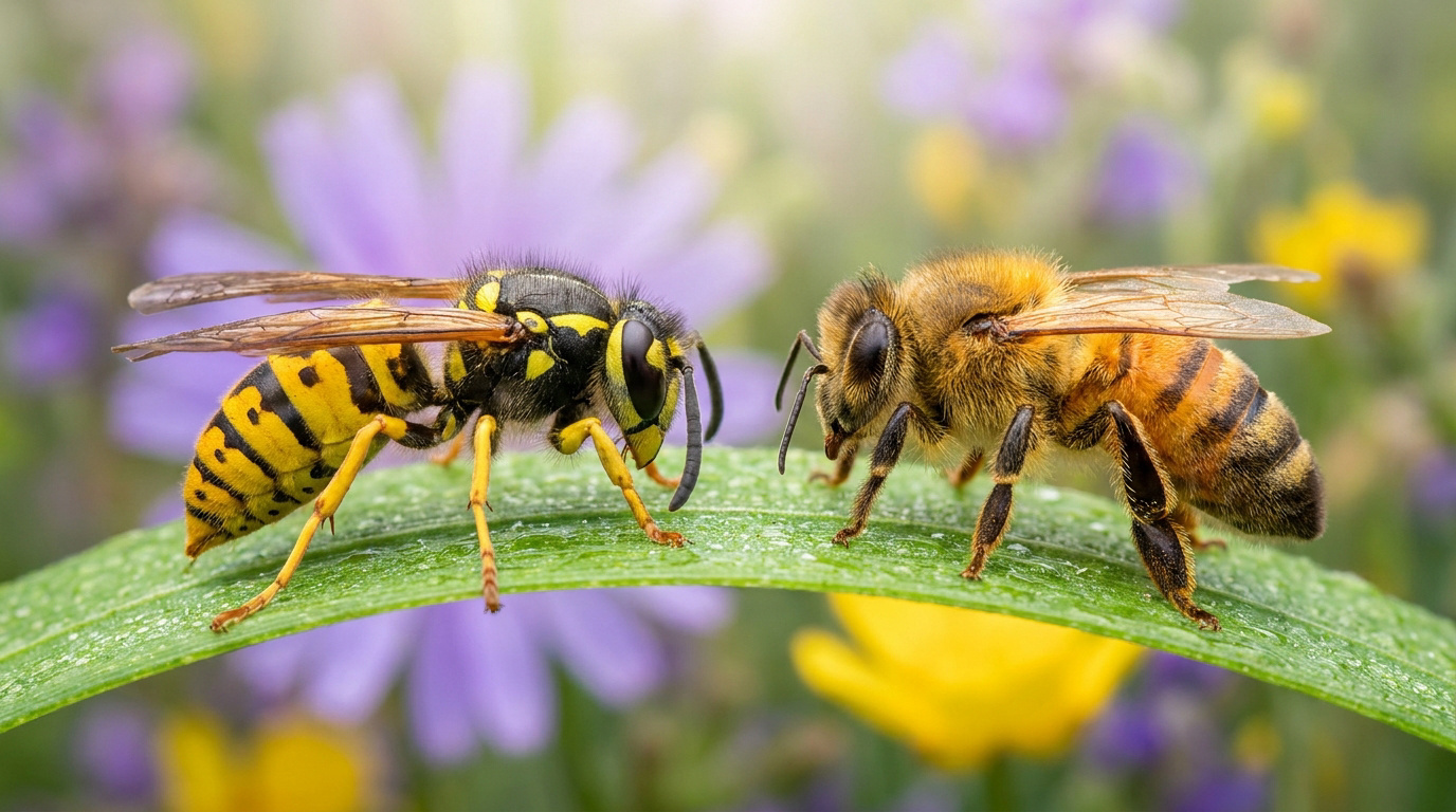 Une guêpe et une abeille se font face sur une feuille verte dans un jardin fleuri.
