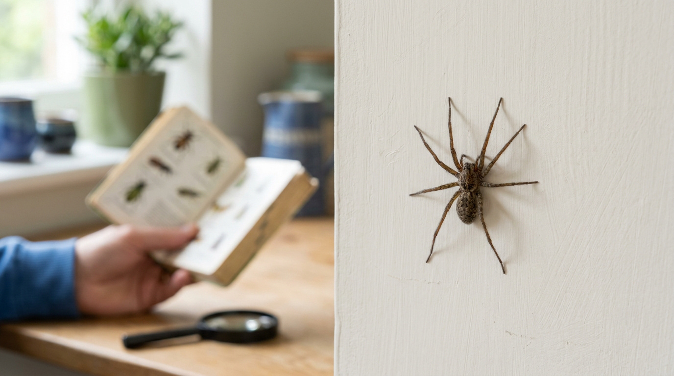 Une grosse araignée brune sur un mur blanc, à côté d'une personne qui consulte un guide d'identification.
