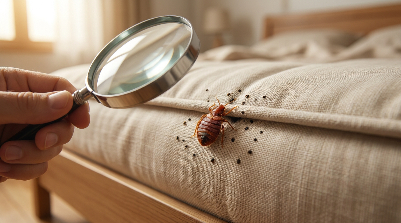 Une main utilisant une loupe pour inspecter une punaise de lit brune sur un matelas beige avec des taches noires.