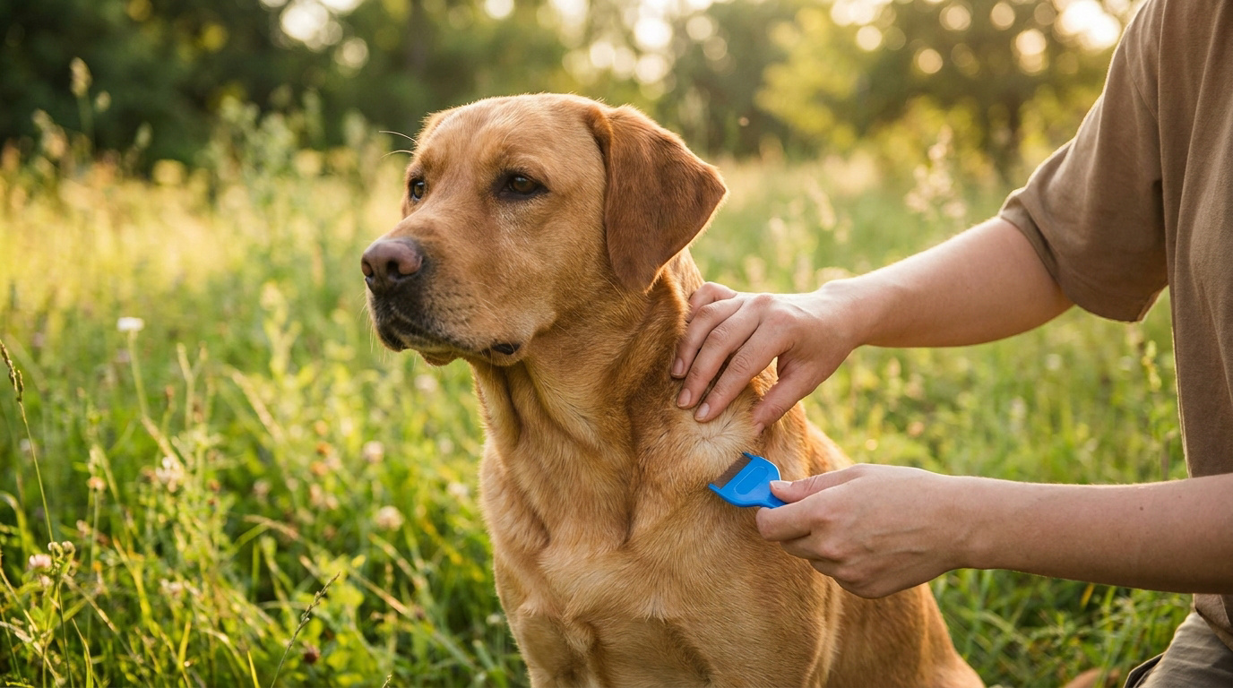 Propriétaire inspectant et utilisant un peigne à tiques sur le pelage d'un chien labrador dans un champ.