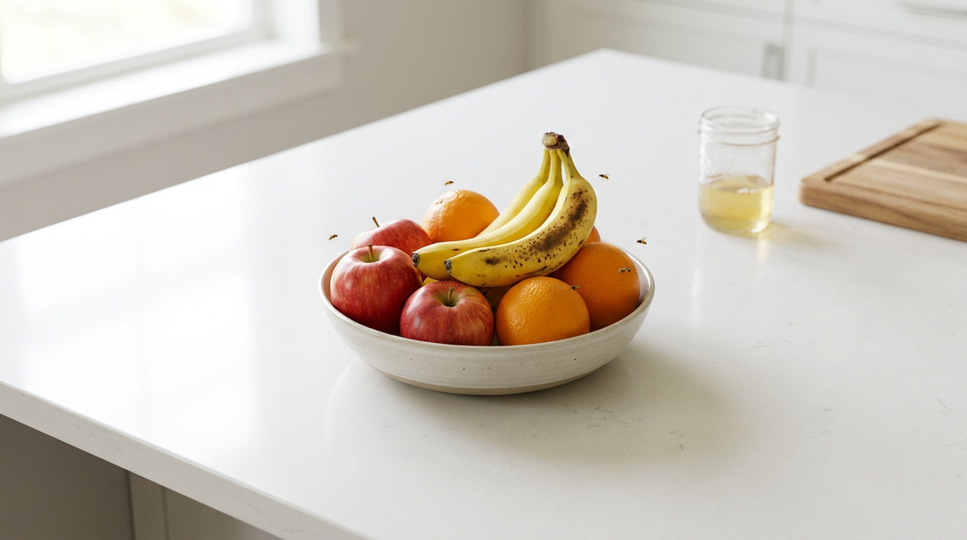 Des moucherons volent au-dessus d'une corbeille de fruits mûrs posée sur un comptoir de cuisine blanc.