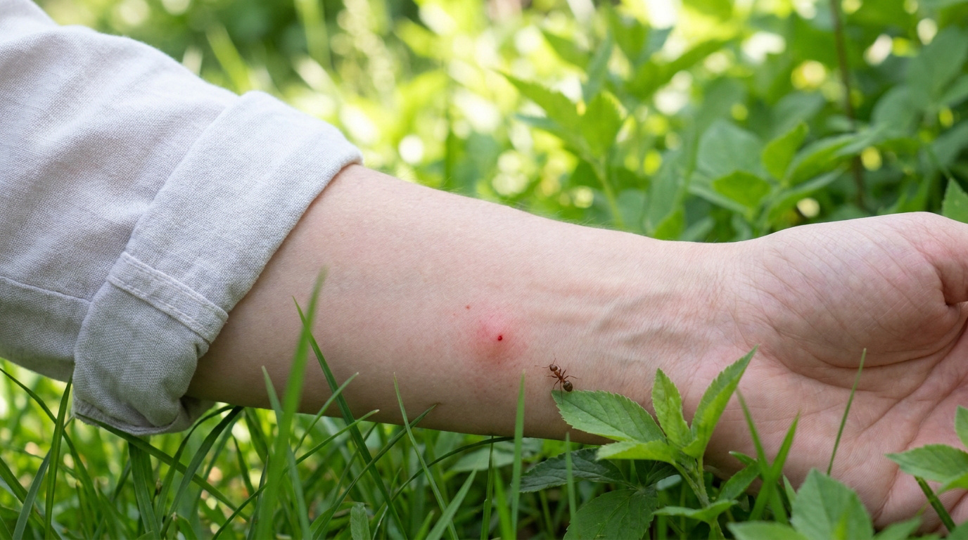 Avant-bras avec une piqûre rouge et une fourmi, dans un jardin verdoyant.