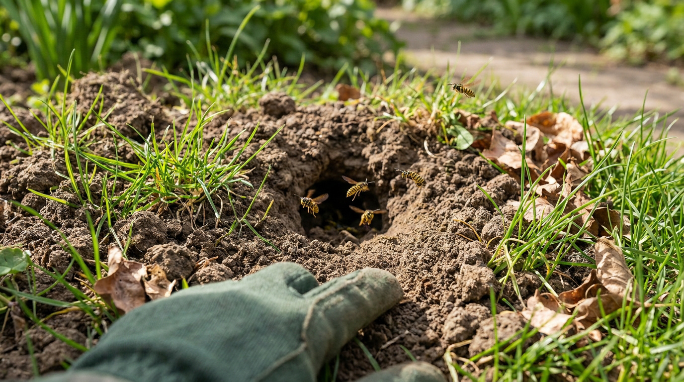 Une main gantée s'approche d'un nid de guêpes situé dans un trou dans la terre au milieu d'une pelouse.