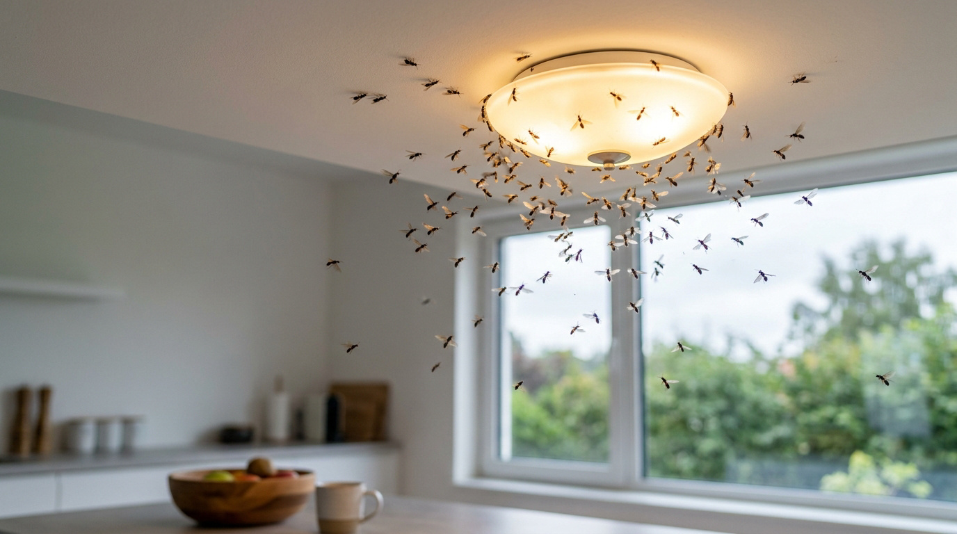 Un essaim de fourmis ailées tournoie autour d'un plafonnier allumé dans une cuisine moderne.