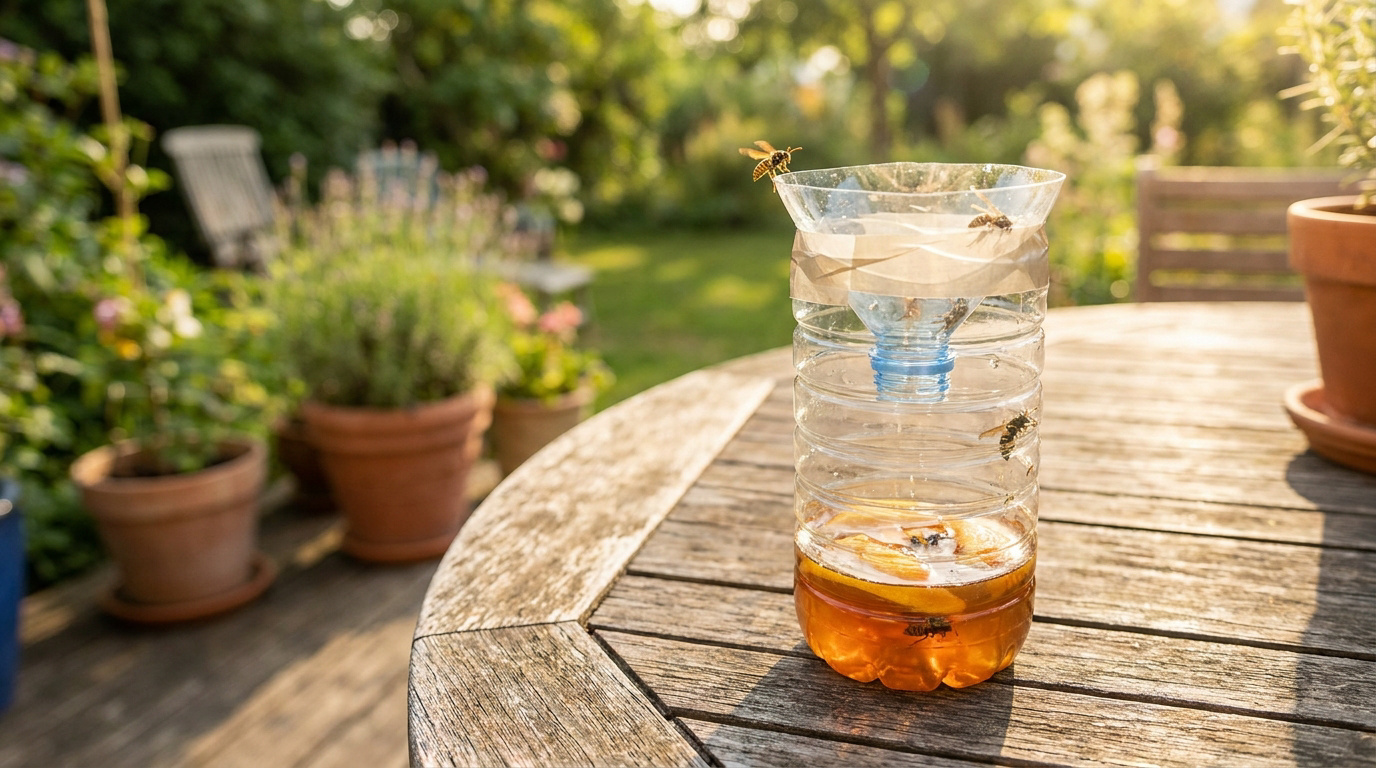 Piège à guêpes artisanal fabriqué avec une bouteille en plastique coupée posé sur une table de jardin en bois.
