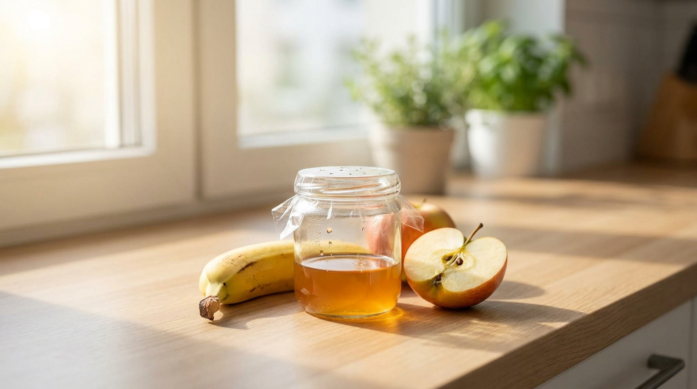 Un bocal en verre avec du liquide, une banane et une pomme coupée posés sur un comptoir de cuisine ensoleillé.