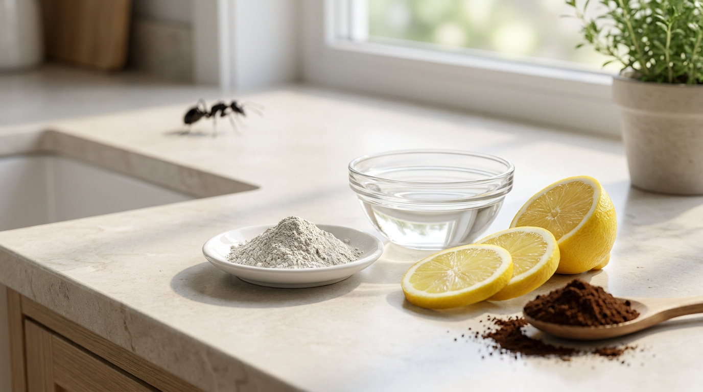 Ingrédients naturels anti-fourmis sur un plan de travail avec une fourmi à proximité