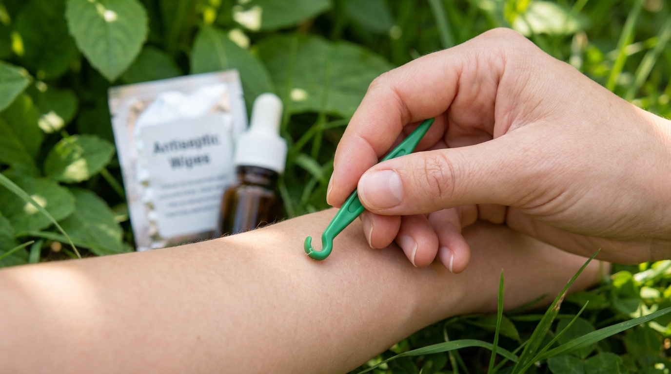 Une main utilise un tire-tique vert sur le bras, avec des lingettes antiseptiques et une fiole en arrière-plan.