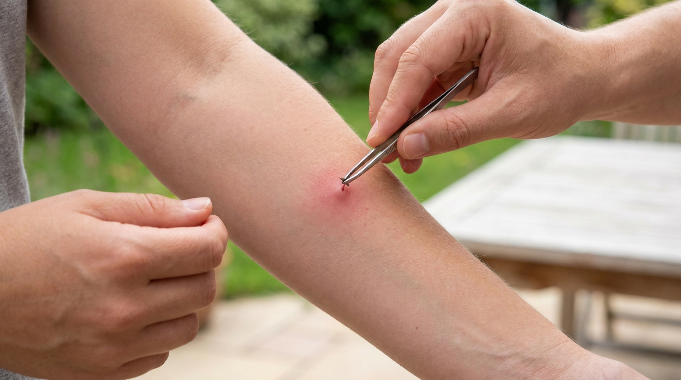 Une personne utilise une pince à épiler pour retirer un dard d'une piqûre rouge et enflée sur un avant-bras.