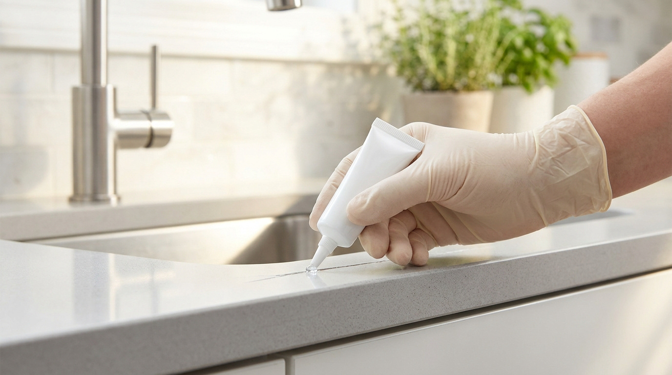 Une main gantée applique un point de gel anti-cafards sur le bord d'un plan de travail de cuisine.