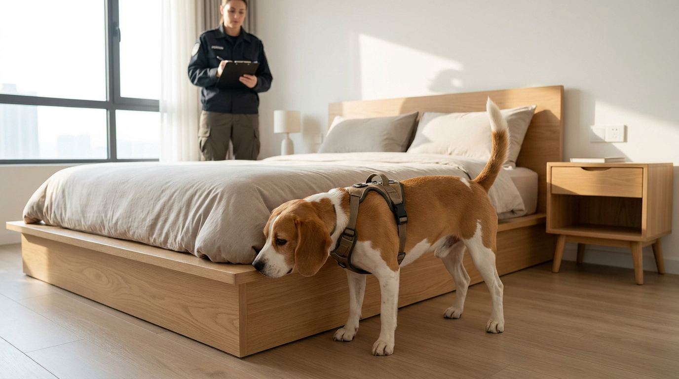 Un chien de race beagle renifle le bord d'un lit pendant qu'un agent de détection prend des notes en arrière-plan.