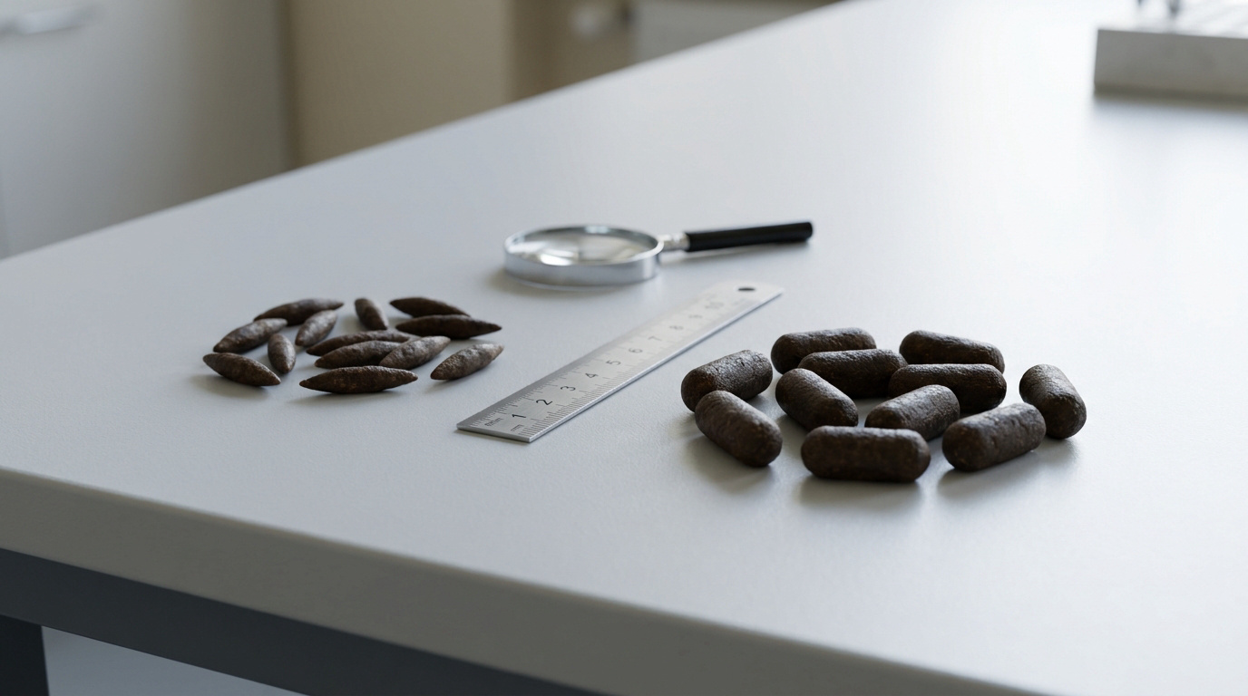 Comparaison visuelle entre des crottes de souris et de rat sur une table avec une règle et une loupe pour l'échelle.