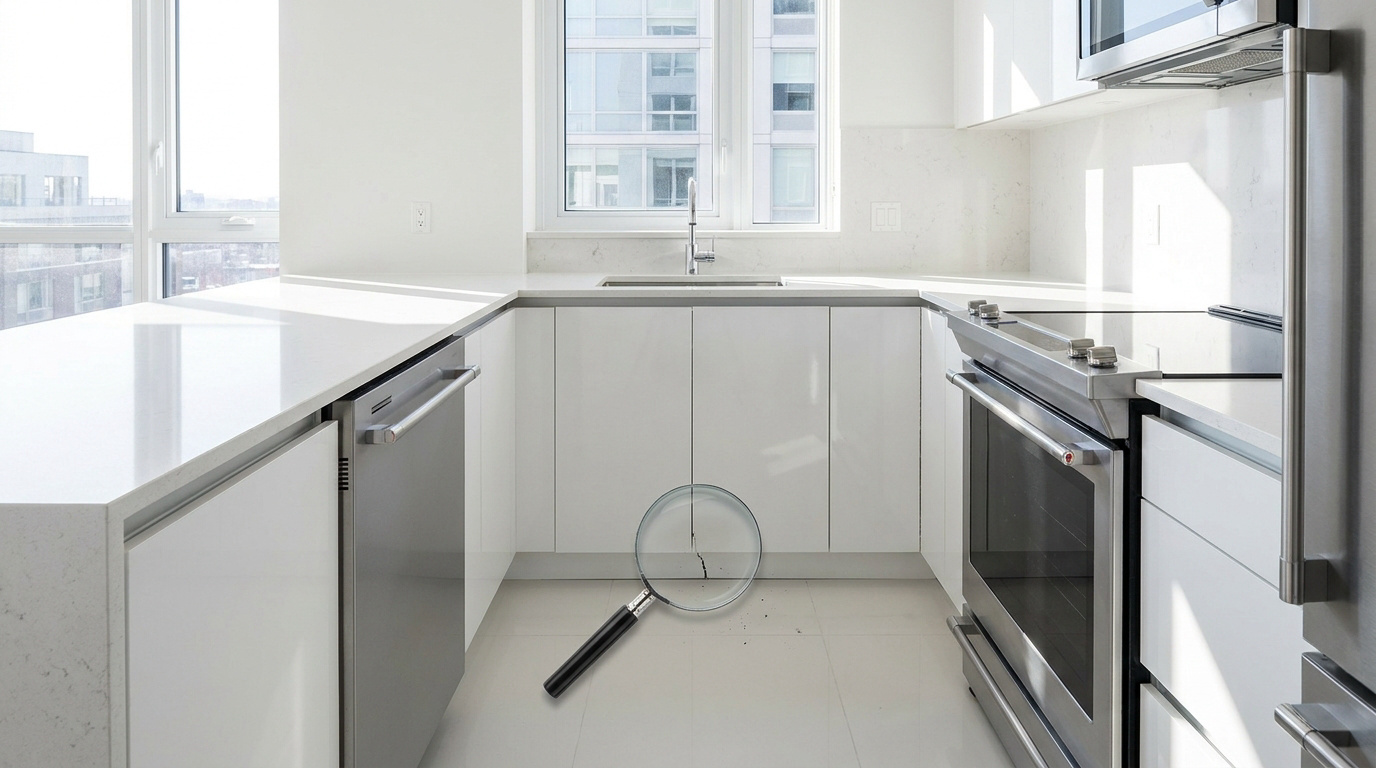 Une loupe examine une fissure au sol dans une cuisine moderne blanche et minimaliste.