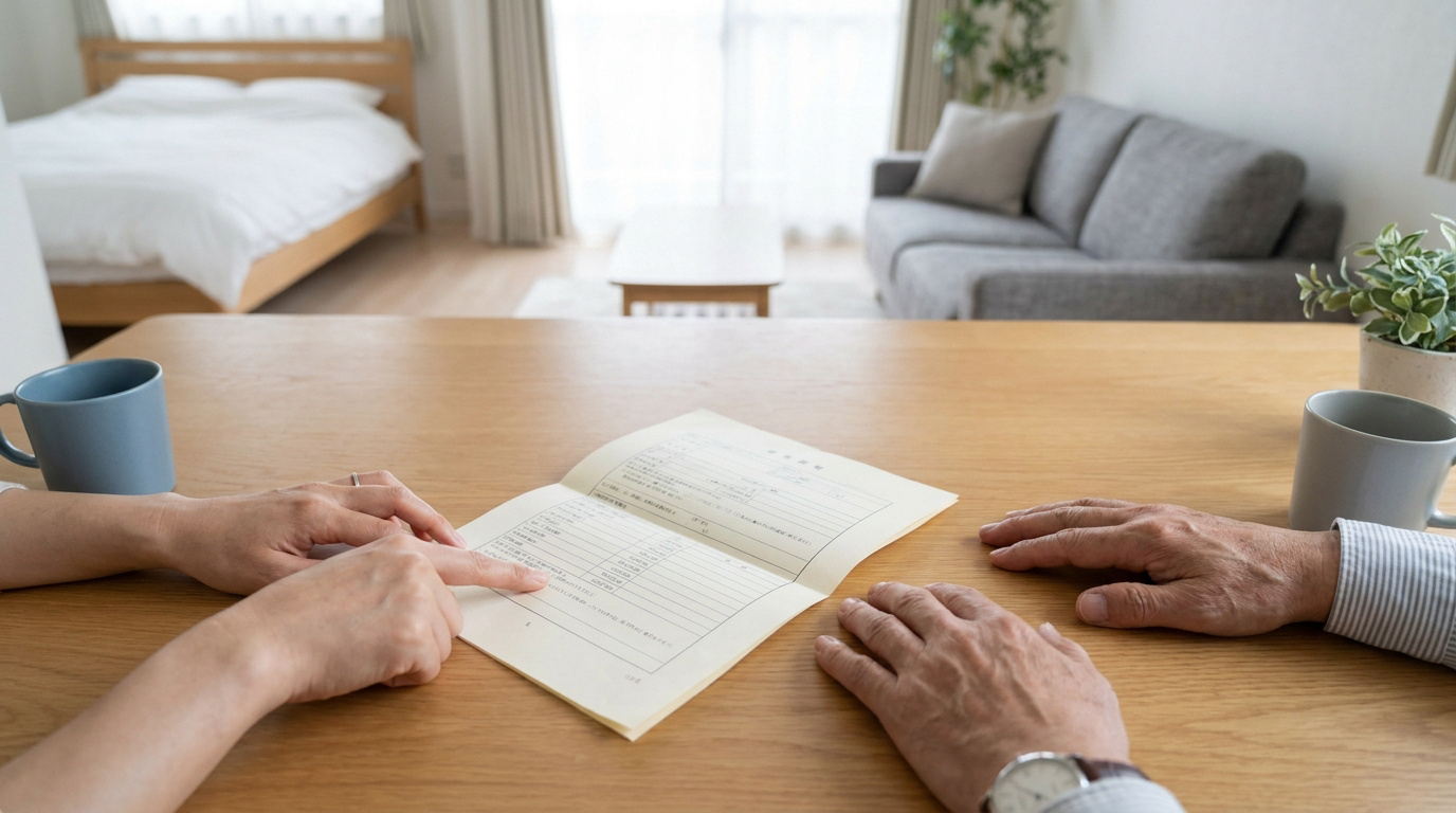 Deux personnes examinent un document administratif sur une table en bois dans un salon lumineux.