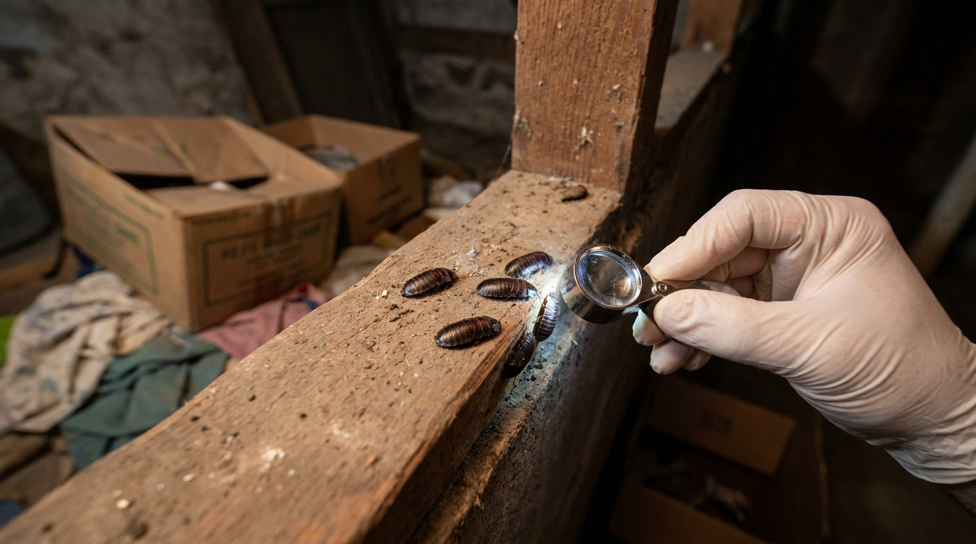 Une main gantée utilisant une loupe pour inspecter des oothèques de cafards sur une poutre en bois.