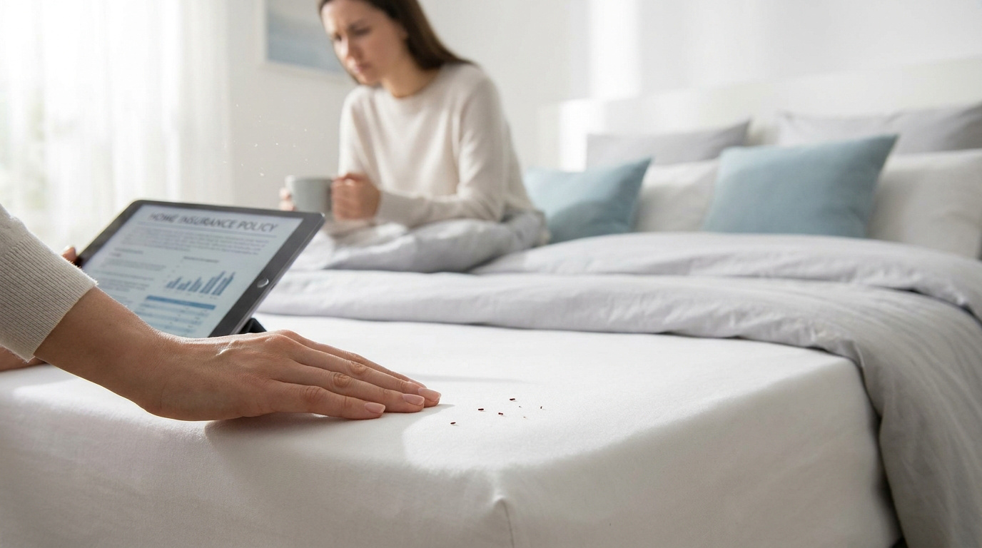 Une main examine des punaises de lit sur un drap blanc, avec une personne inquiète en arrière-plan tenant une tablette.