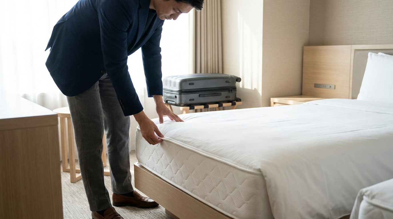 Un homme d'affaires inspecte minutieusement le matelas d'une chambre d'hôtel pour vérifier la présence de punaises de lit.