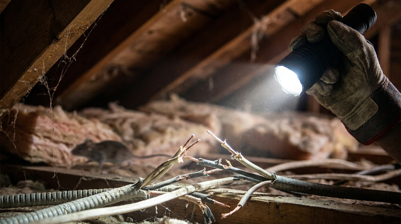 Une main gantée tenant une lampe torche éclaire des câbles électriques endommagés par une souris dans un grenier.