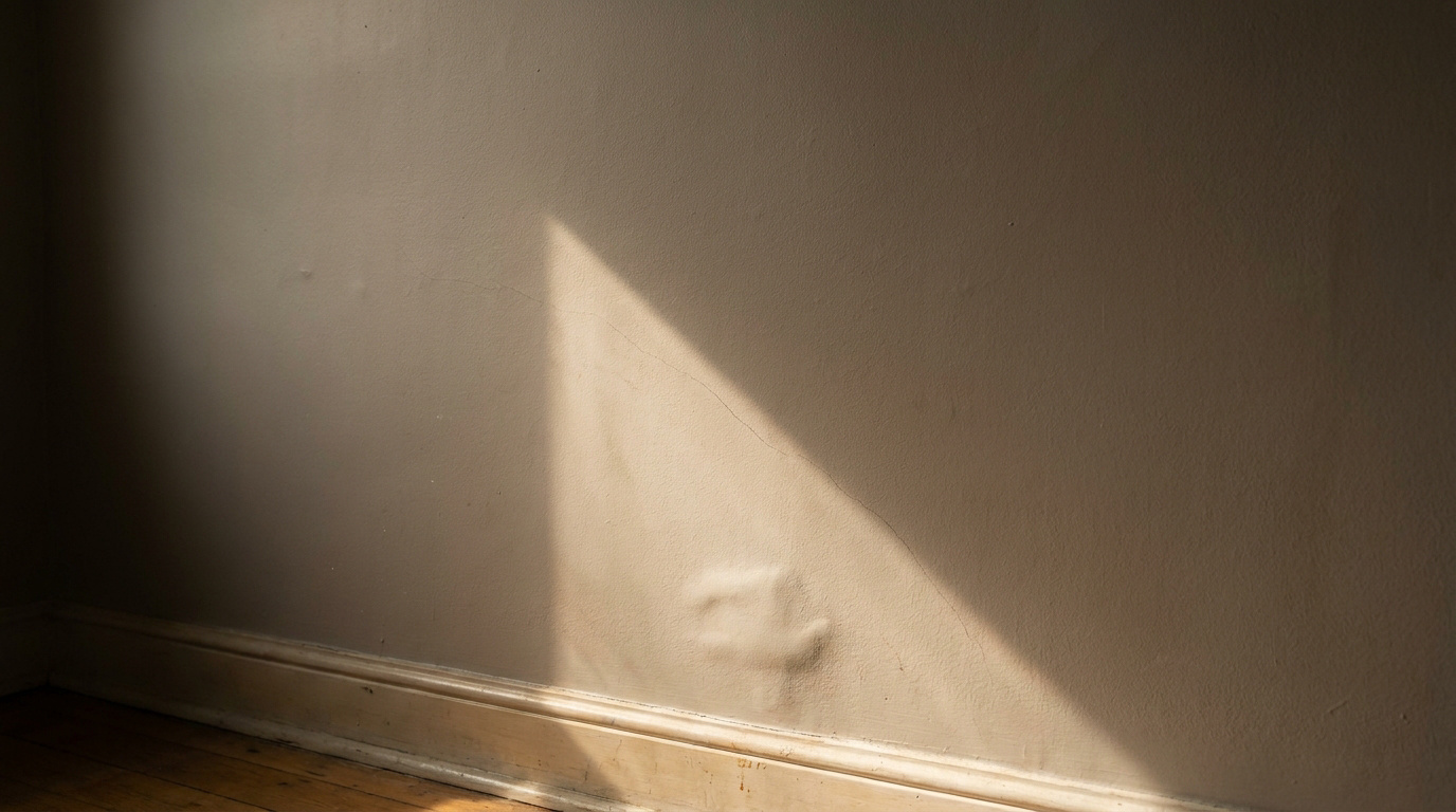Un mur intérieur avec une fissure et un renflement suspect près de la plinthe, éclairé par un rayon de soleil.
