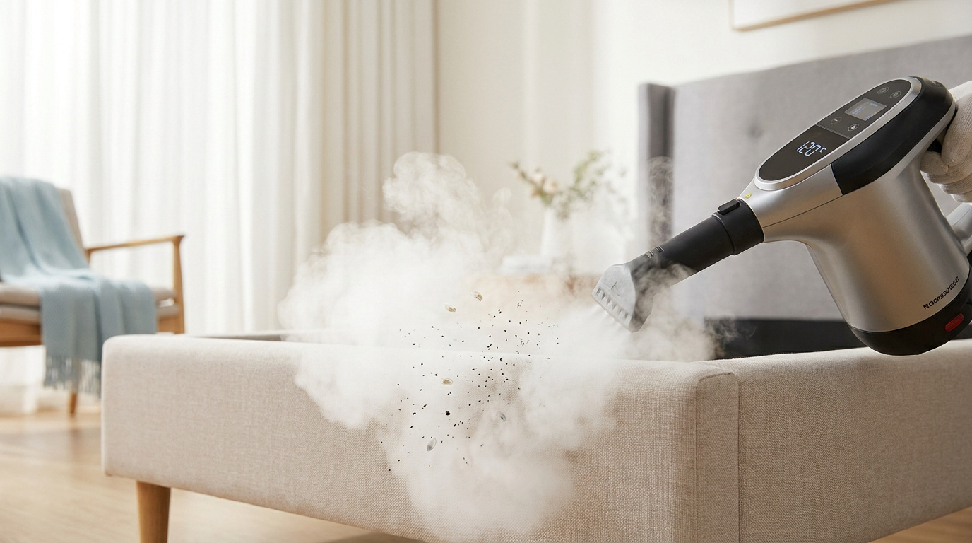 Nettoyeur vapeur à main projetant de la vapeur à 120°C sur un sommier pour éliminer les punaises de lit.