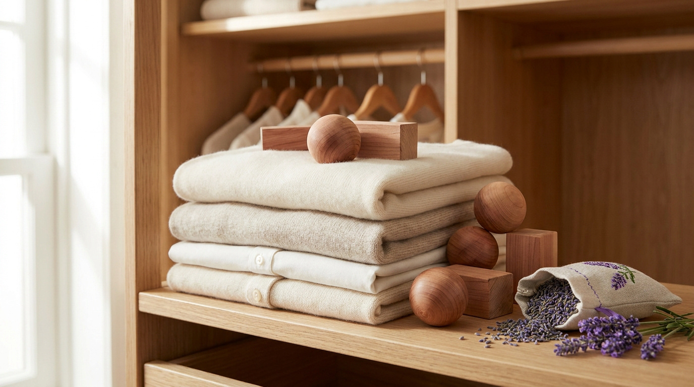 Pile de pulls en laine avec des boules de bois de cèdre et un petit sac de fleurs de lavande séchée sur une étagère.